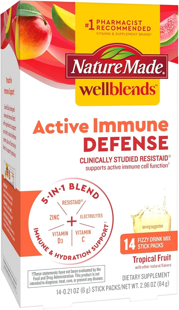 Nature faite Wellblends Active Imune Defense Fizzy Drink Mix, ResistAid, Vitamine C 500mg, Vitamine D 1000 UI, zinc, et électrolytes en poudre, 14 Stick Packs