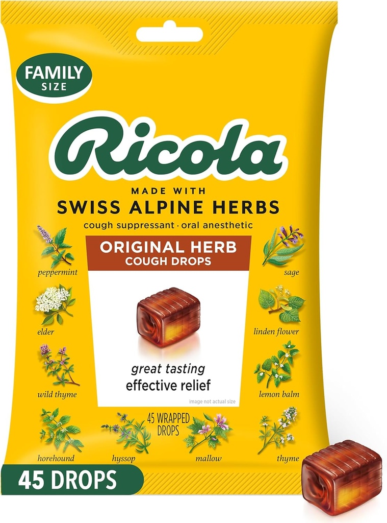 Ricola Drops de toux à base de plantes originales, 45 Compte, Toux Supprimant et Gorge Soulager les gouttes avec le menthol d'origine naturelle, Plaisir goût à base de plantes pour Toux et Gorge Irritation Symptom Relief