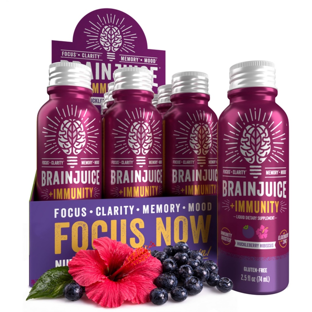 BrainJuice Cerveau et immunosupport, Gluten sans supplément shots pour l'énergie, Focus, Immunité avec la vitamine D, C B, Alpha GPC et racine de gingembre biologique, Huckleberry Hibiscus, 2,5 fl oz, 12 Pack