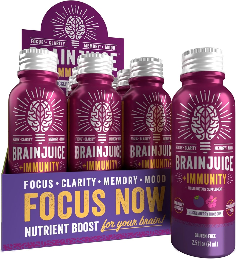 BrainJuice Cerveau et immunosupport, Gluten sans supplément shots pour l'énergie, Focus, Immunité avec la vitamine D, C B, Alpha GPC et racine de gingembre biologique, Huckleberry Hibiscus, 2,5 fl oz, 12 Pack