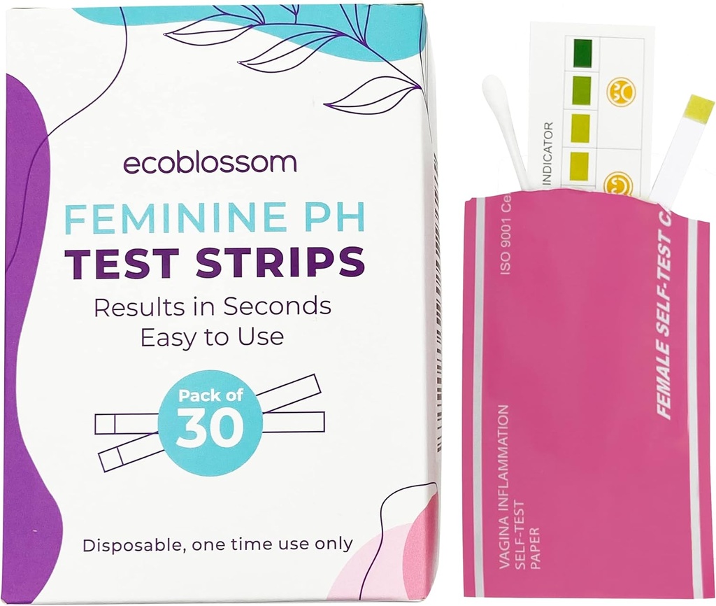 Ecoblossom Bandes d'essai du pH vaginal pour les femmes - Vérifier l'équilibre du pH - Surveiller le traitement de la vaginose bactérienne par VB - Prévenir l'infection à levure UTI - Résultats rapides précis, Pochette scellée individuelle (30 comte)