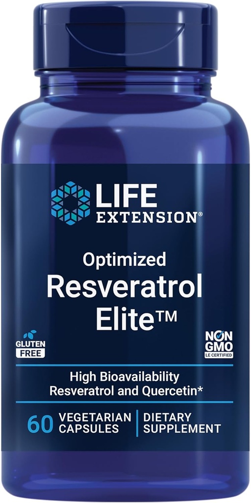 Prolongation de vie Optimisé Resvératrol Elite, Trans-resvératrol, quercétine, Vieillissement en santé, Santé cardiaque, Santé du cerveau, Stress oxydatif, Sans gluten, Non-OGM, Végétarien, 60 Capsules
