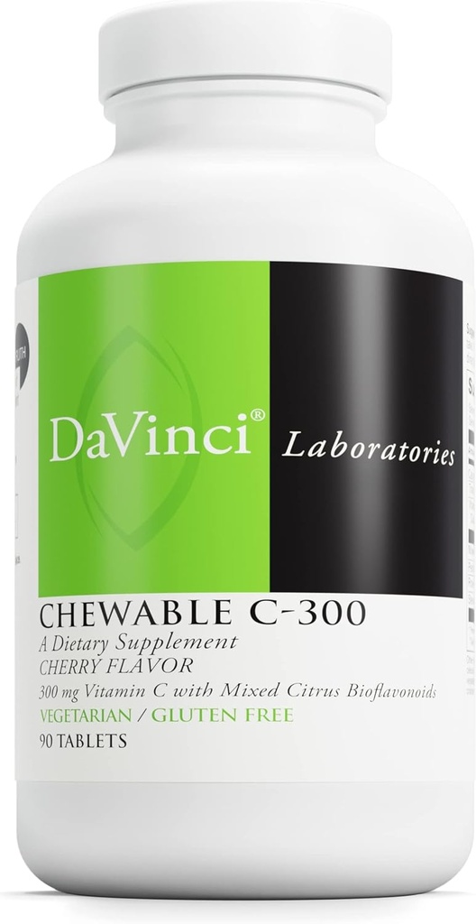 DaVinci Labs Chewable C-300 - Supplément de vitamine C pour soutenir la santé immunitaire, le cholestérol et la production de collagène - avec la vitamine C, la pectine et plus - Sans gluten - Saveur de cerise - 90 comprimés végétariens