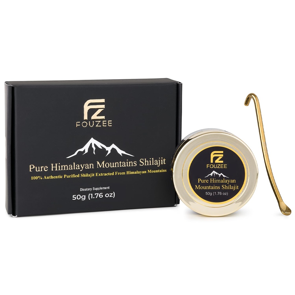 FOUZEE Pure Himalayan Mountains Shilajit - 77% + Acid Fulvic Authentique Cohérence dure, Source naturelle de l'acide Fulvic, Plus de 85 minéraux traces, Comprend la cuillère en acier inoxydable (50 grammes)