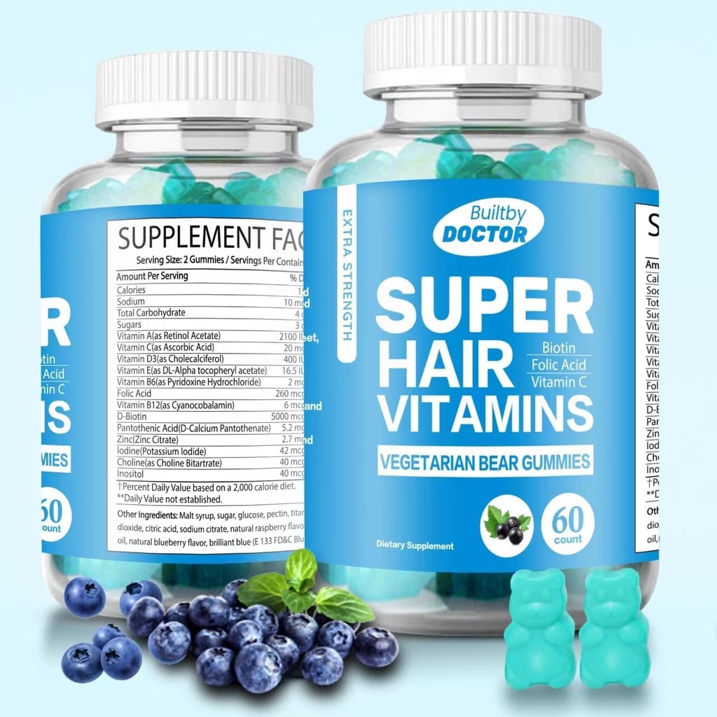 Gommies Super Biotin pour les cheveux, la peau et les ongles - Vitamines végétaliennes pour les hommes et les femmes, soutient la croissance des cheveux plus rapide et les ongles plus forts - Force supplémentaire