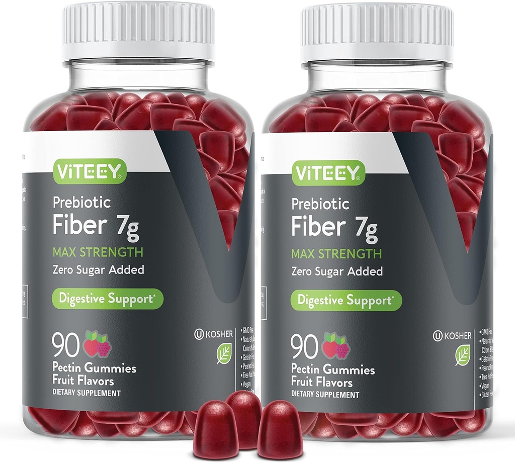 VITEEY Gommies de fibre prébiotique pour les adultes, 7g - Gummes de supplément de fibre soluble Gut Health & Digestive - Zéro sucre ajouté, végétalien, sans gluten - 180 Compte