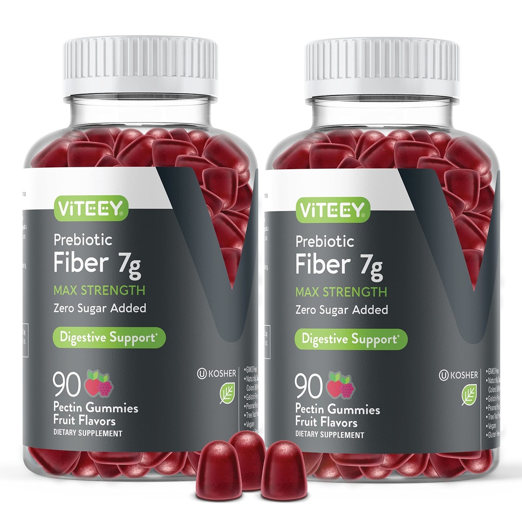 VITEEY Gommies de fibre prébiotique pour les adultes, 7g - Gummes de supplément de fibre soluble Gut Health & Digestive - Zéro sucre ajouté, végétalien, sans gluten - 180 Compte