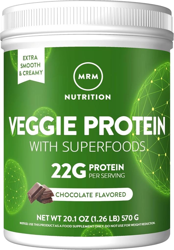 MRM Nutrition Veggie Protéine avec superaliments au chocolat Saveuré de 22g Protéine complète de 8,8g Acides aminés essentiels de 13 superaliments avec Omega 3s et Omega6s de 30 portions
