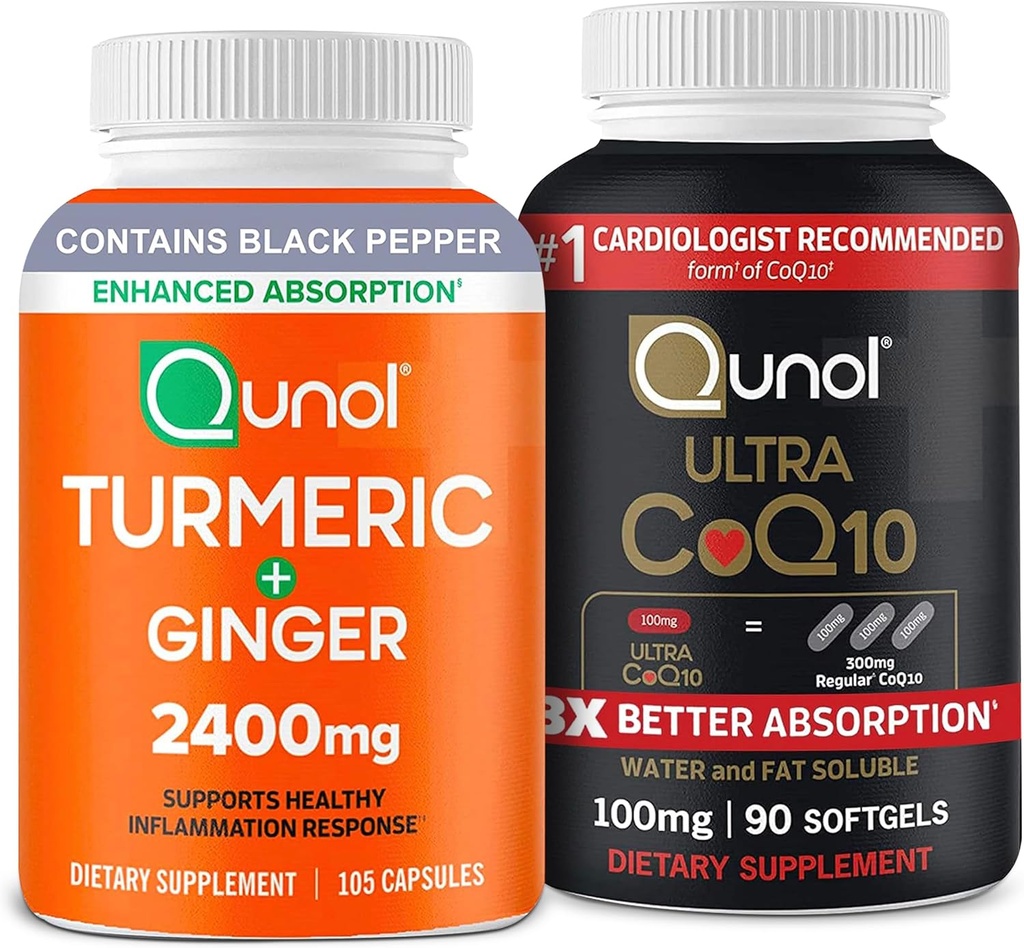 Qunol CoQ10 et curcuma: Curcumine curcuma, 2400mg, 105 Capsules et Ultra CoQ10 100mg, 90 Softgels