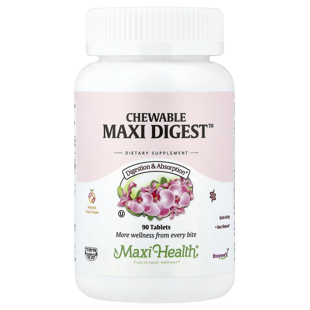 Maxi Health Chewable Digest - Enzymes digestifs naturels avec Bromelain et Calcium- Quick-Acting - 90 Chewables - Kosher - Soutient la digestion saine et le confort articulaire pour les hommes et les femmes