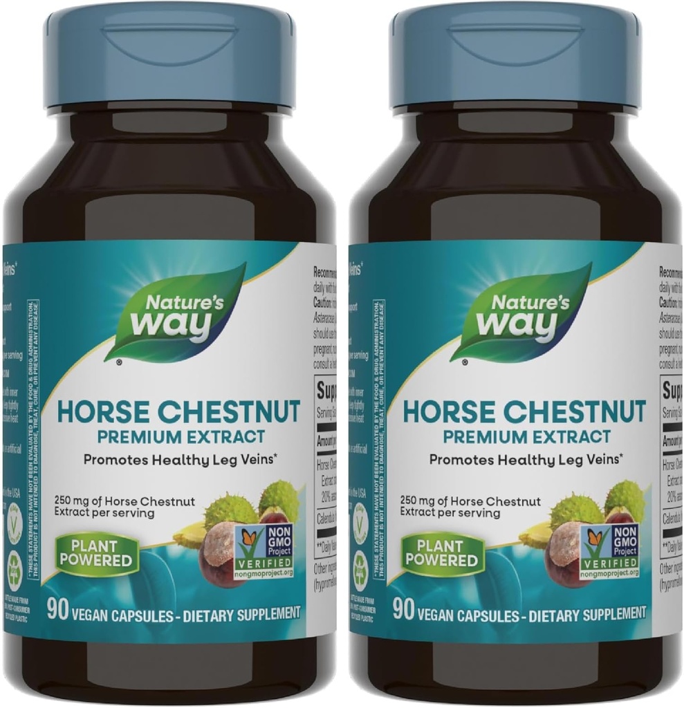 Nature's Way Standardized Horse Chestnut, extrait premium, favorise la santé des veines des jambes*, 250 mg par portion, végétalien, 90 capsules (emballage de mai Vary) (paquet de 2)