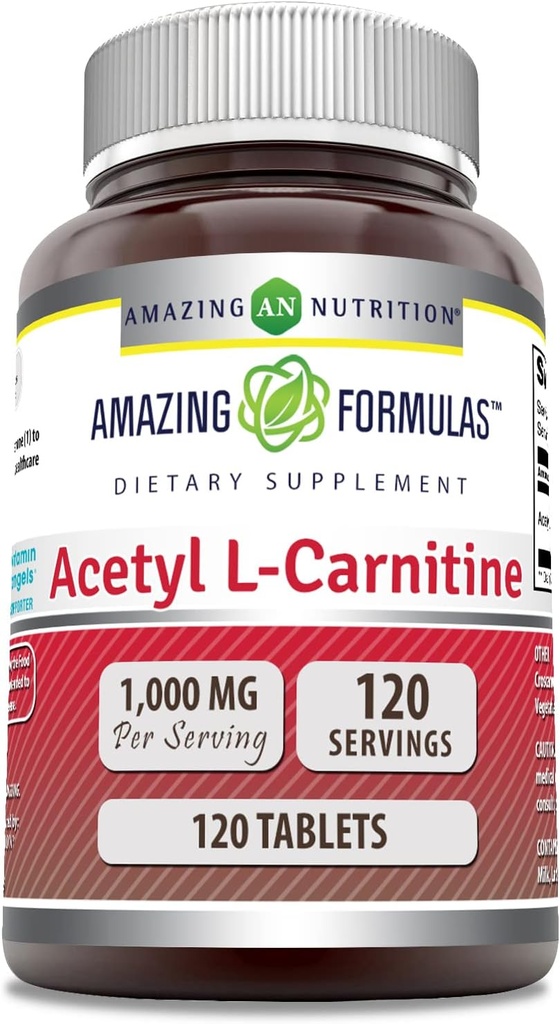 Formules étonnantes Supplément Acétyl L-Carnitine $ 1000 Mg par service $ 120 Supplément comprimés $ Non-GMO $ Sans gluten $ Fabriqué aux États-Unis