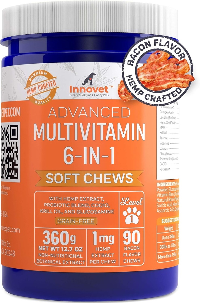 Suppléments de multivitamines pour chiens avancés Innovet Pet - Probiotiques, Calcium, Poudre de chanvre et Glucosamine pour chiens - Suppléments Omega 3-6-9 - Suppléments de vitamines pour soulager l'anxiété des chiens – Bacon Flavor