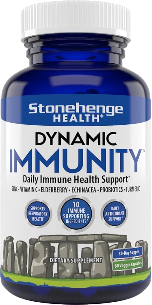 Stonehenge Santé Immunité dynamique Supplément quotidien 10-en-1 Immune Boosters Zinc, Elderberry, Echinacea, Vitamine C et Probiotique L. Acidophilus – Soutiens Système immunitaire et santé respiratoire, 60 Capsules