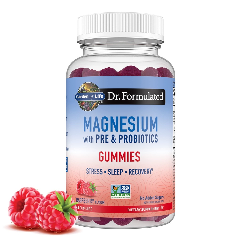 Jardin de la vie Supplément de citrate de magnésium Gummies avec prébiotiques et probiotiques pour le stress, le sommeil et la récupération - végétalien, sans gluten, casher, non-OGM, Pas de sucres ajoutés, framboise parfum, 60 comte