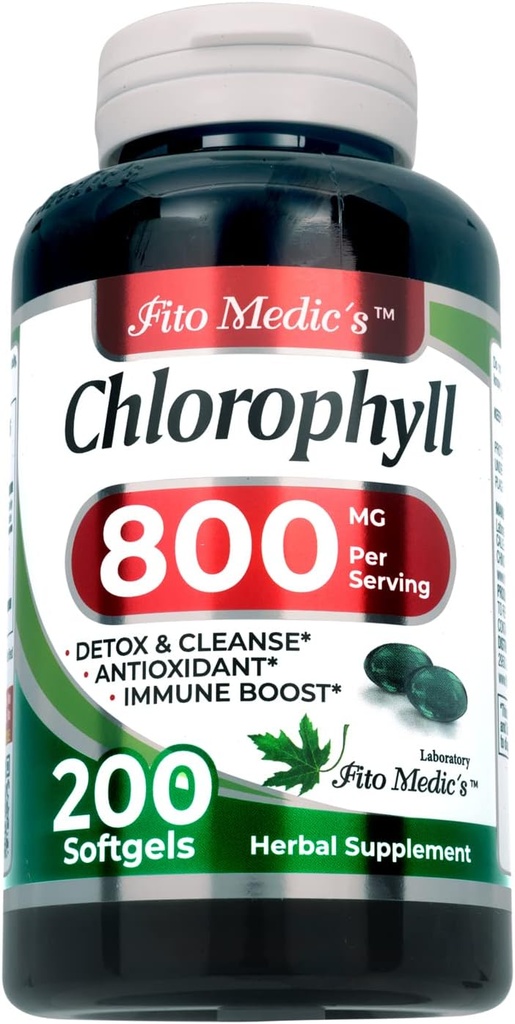 FITO MEDIC'S Lab - Chlorophylle - Pure - 800 mg par portion- 200 Softgels - Capsules de chlorophylle -Détox Cleanse, Greens Suppléments-Pills de chlorophylle - Absorption ultra élevée.