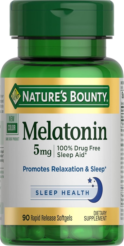 Nature's Bounty Melatonine, 100% sans médicament aide au sommeil, complément alimentaire, favorise la relaxation et la santé du sommeil, 5mg, 90 Softgels (paquet de 1)