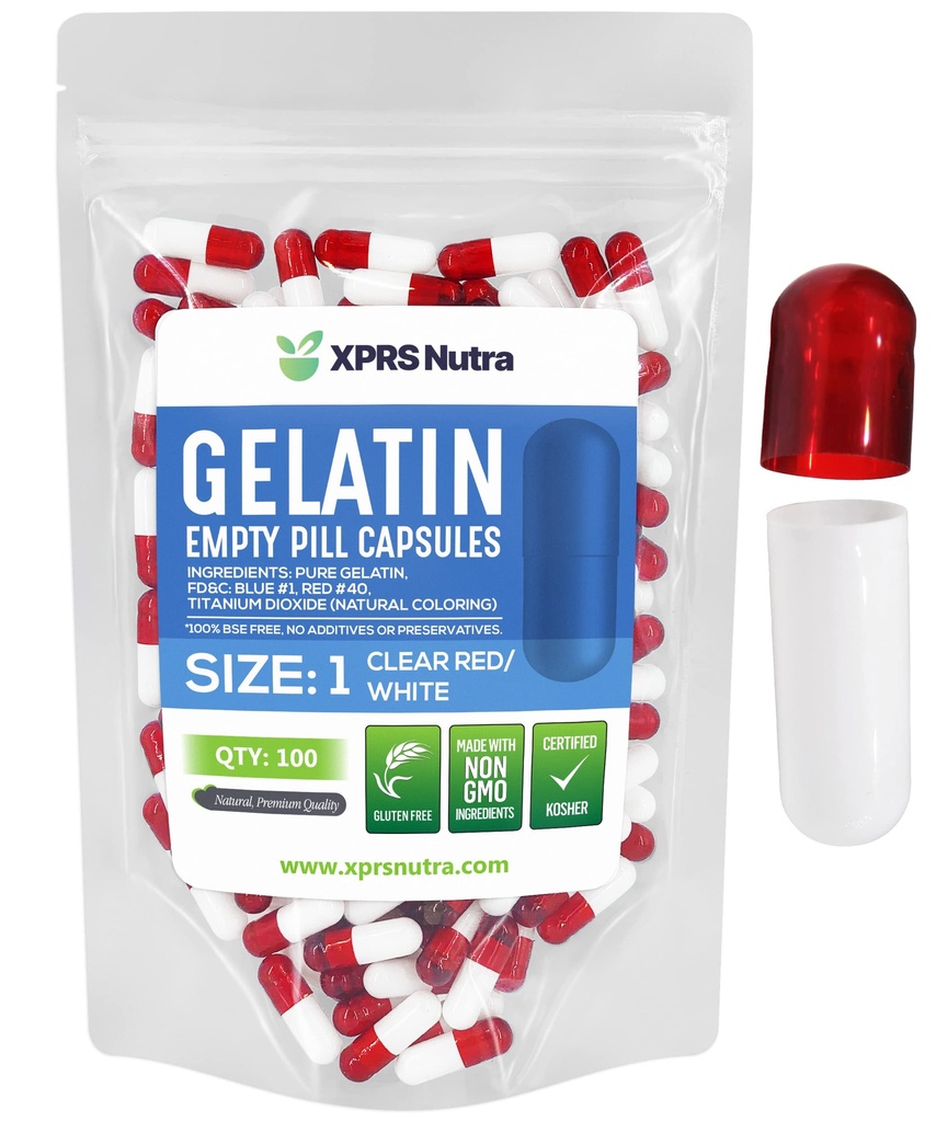 XPRS Nutra Taille 1 Capsules vides - 100 Compte Capsules de gélatine vides - Remplissage de la gélule de bricolage - Capsules de gel de pilules pures pour les suppléments Do-It-Youlf (rouge clair/blanc)