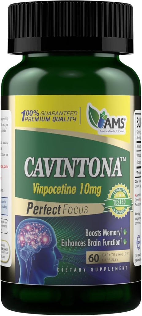 America Medic & Science Cavintona 10mg – Supplément santé cérébrale pour la mémoire, le focus et le soutien cognitif – améliore la clarté mentale, le flux sanguin et la fonction neuronale – 60 Capsules