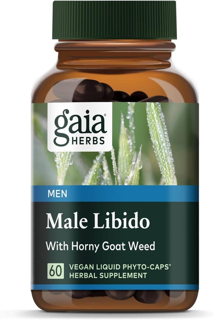Gaia Herbs Male Libido - Supplément à base de plantes avec Saw Palmetto, Horny Goat Weed, Maca & avoine - Soutient l'endurance, la vitalité et l'équilibre hormonal pour les hommes - 60 Vegan Liquid Phyto-Capsules (20 jours d'approvisionnement)