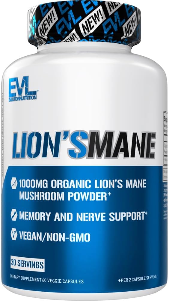 Evluution Lion Organique Supplément de Champignons de Mane - Lion - Capsules de Champignons de Mane Nootropics Supplément de Soutien Cerveau pour le Focus Mémoire Clarté et Immunity Support