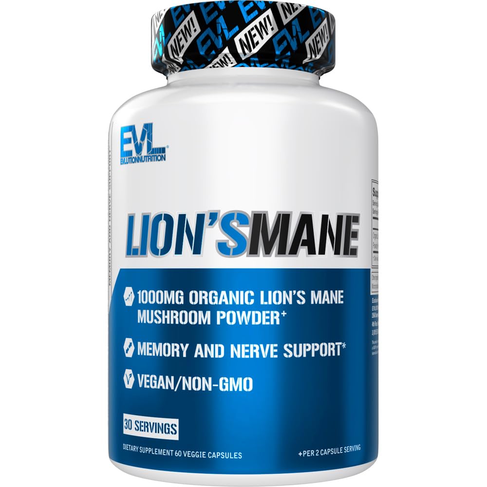 Evluution Lion Organique Supplément de Champignons de Mane - Lion - Capsules de Champignons de Mane Nootropics Supplément de Soutien Cerveau pour le Focus Mémoire Clarté et Immunity Support