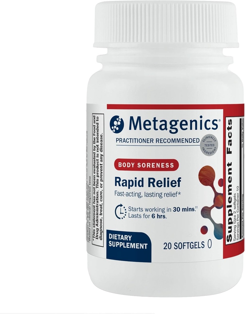 Métagène Relief rapide - softgel à base de plantes avec curcuma et boswellie - Soutient un soulagement rapide pour les troubles musculaires, du dos et des articulations* - Sans médicament, sans OGM, sans gluten - Installation certifiée GMP - 20 softgels