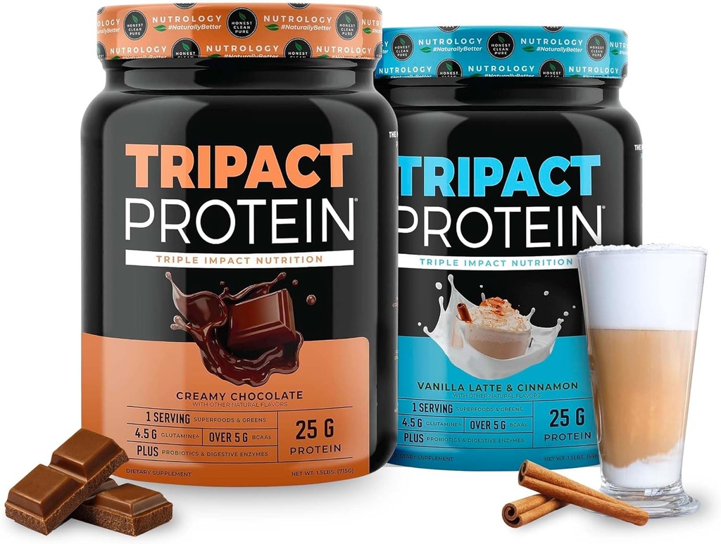Nutrology TRIPACT Protein - Premium Nutrition Shake - Non-GMO Grass Fed Whey Protein,Plant Proteins,Greens,Superfoods & Probiotics - 5g BCAAs - Creamy Chocolate & VanillaLatte w/Cinnamon 1.5lb Each