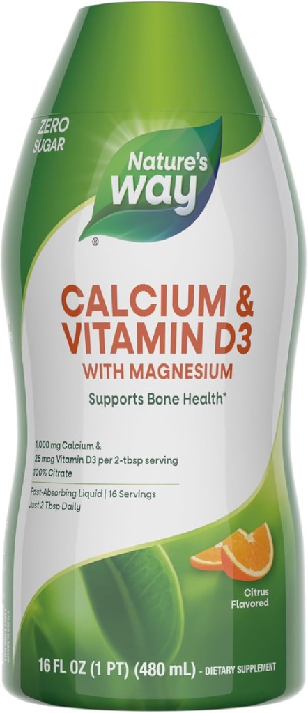 Nature's Way Calcium & Vitamine D3 with Magnésium Liquid Supplement*, soutient la santé des os*, l'absorption rapide liquide, sans gluten, sans sucre, aromatisé par les agrumes, 16 Fl Oz (paquetage mai Vary)