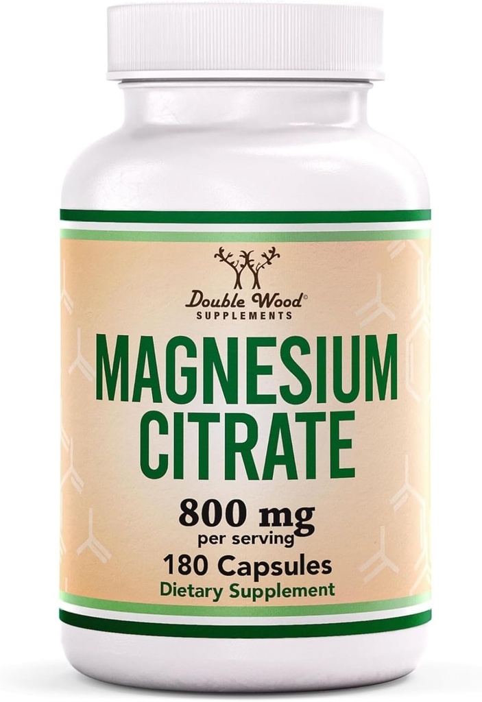 Citrate de magnésium 800mg, 180 Capsules, Soutien Digestion & Constipation, Vegan Safe, Non-OGM, Suppléments en bois double