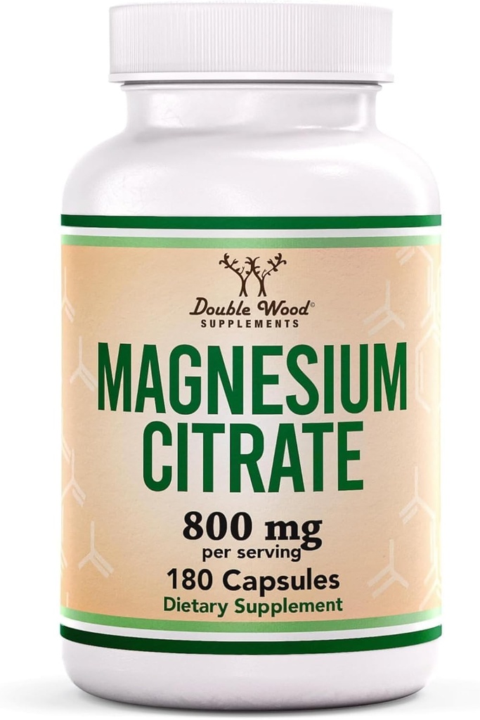 Citrate de magnésium 800mg, 180 Capsules, Soutien Digestion & Constipation, Vegan Safe, Non-OGM, Suppléments en bois double