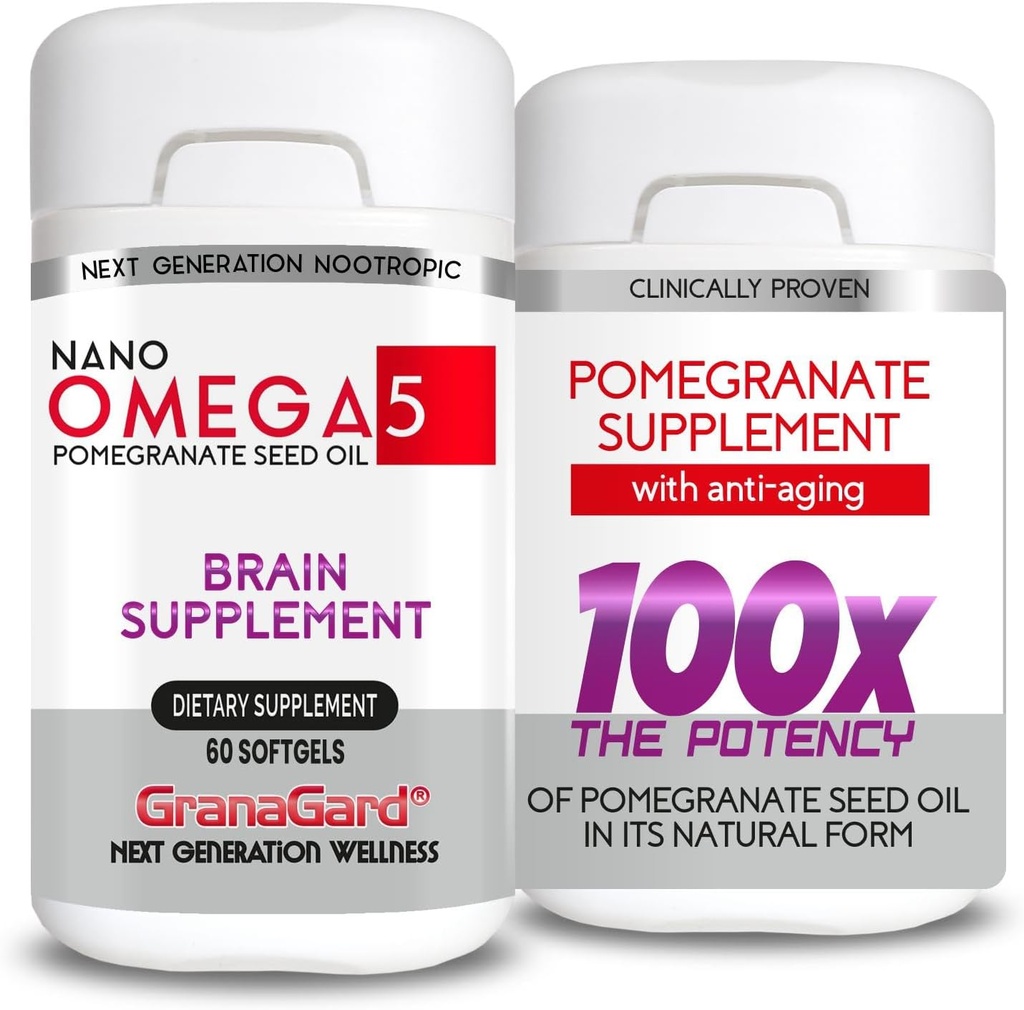 Nano Pomegranate Supplement CLINICALLY Proven (2-Month Supply) Brain Supplements with Anti Aging, Memory Pills, Omega 5 Pomegranate Supplement, 2 Bottles 60ct Each