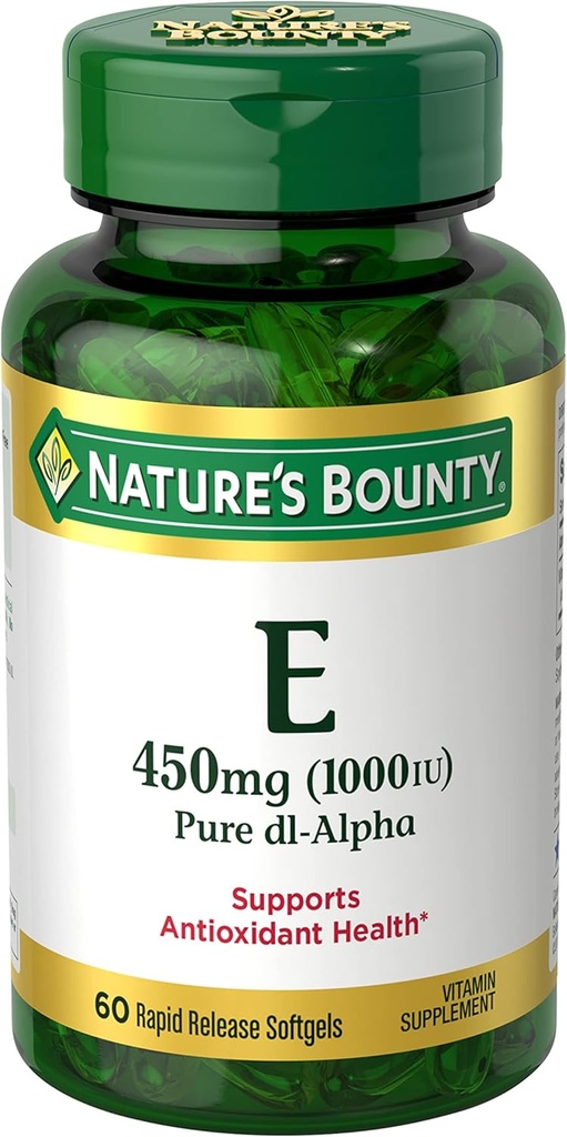 Nature's Bounty Vitamine E 1000 UI Softgels, soutient la santé antioxydante et système immunitaire, 1 service par jour, sans gluten, 60 Softgels (paquet de 1)