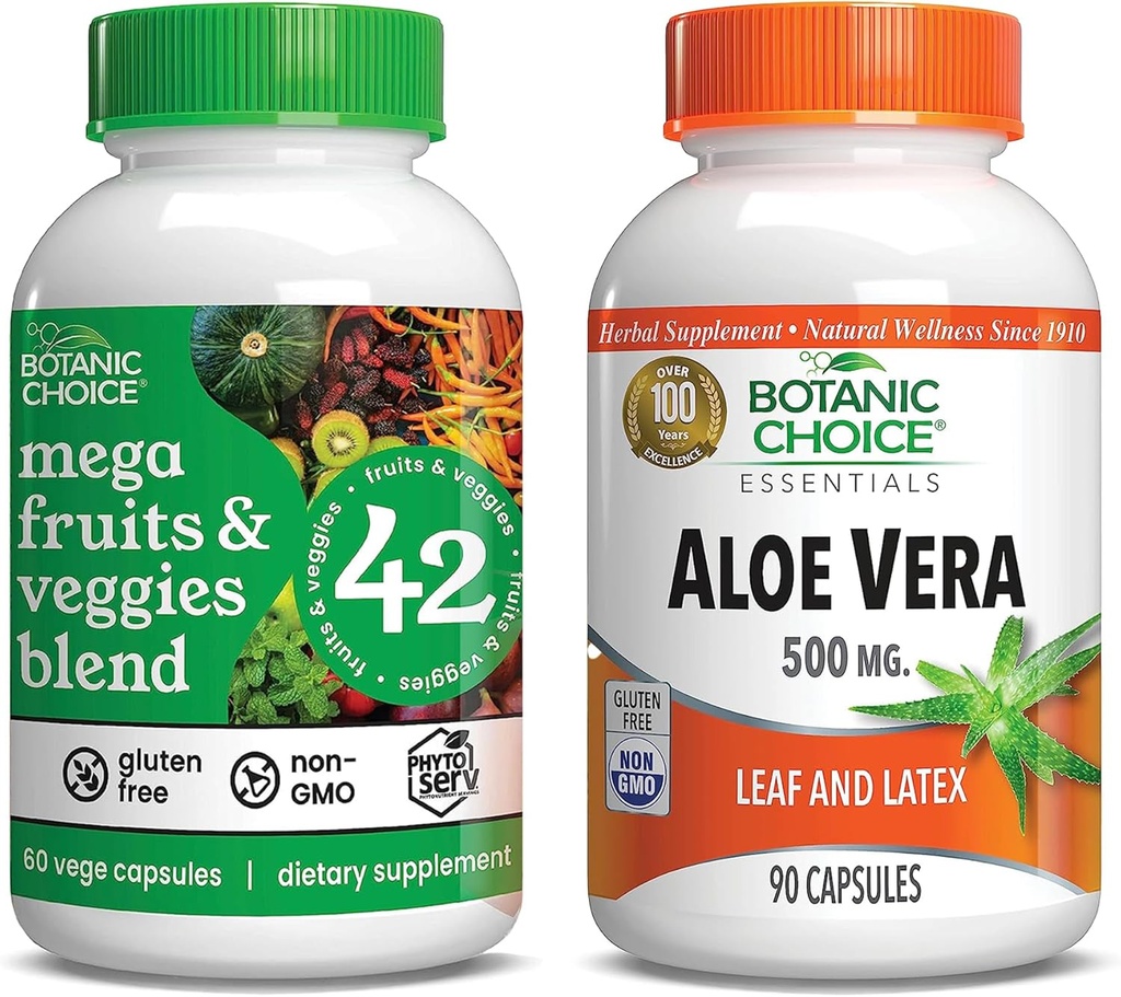 Choix botanique Mélange Mega Fruits et légumes (60 Capsules) + Aloe Vera (90 Capsules) Ensemble - Bilan énergétique et supplément super-alimentaire + soutien de santé digestif
