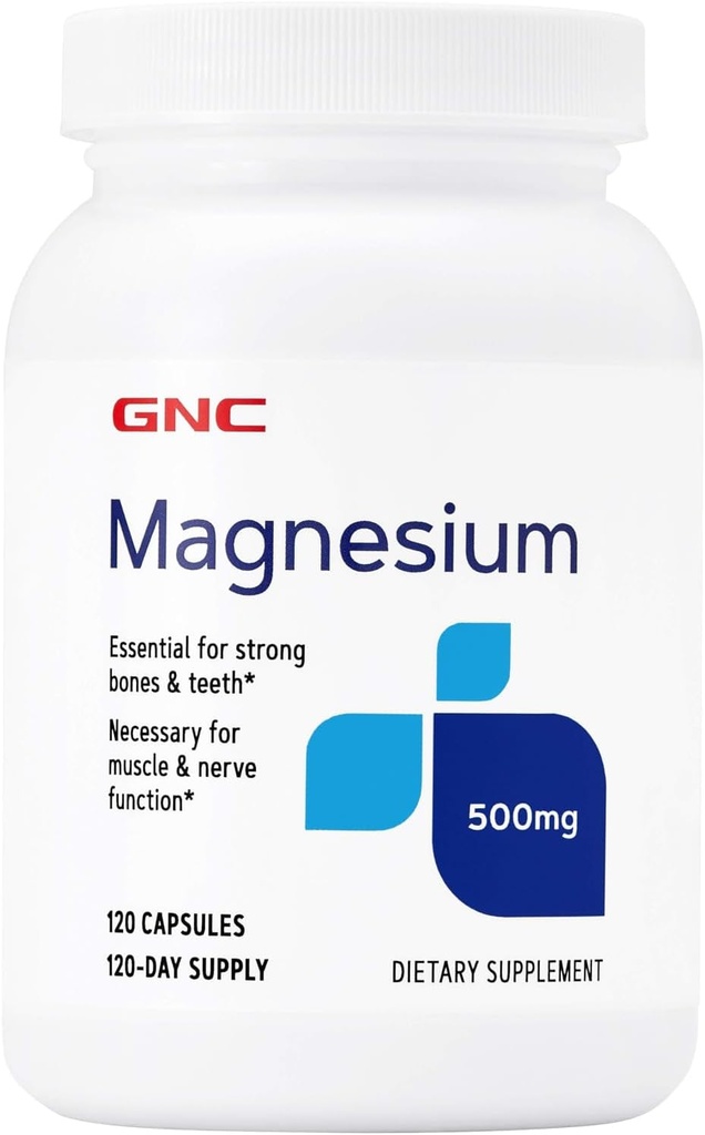 GNC Magnésium 500mg, 120 Capsules, soutient l'absorption de calcium et les dents fortes et les os