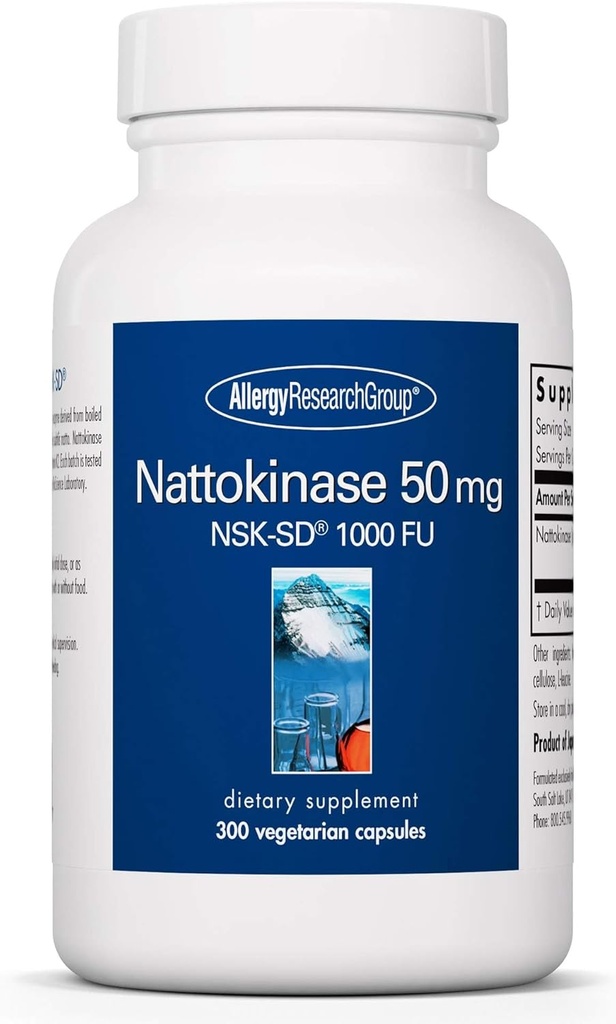 Allergy Research Group Nattokinase Supplément de 50mg - NSK-SD 1000 FU, Soutien cardiovasculaire, Santé circulatoire, Capsules végétariennes - 300 Compte