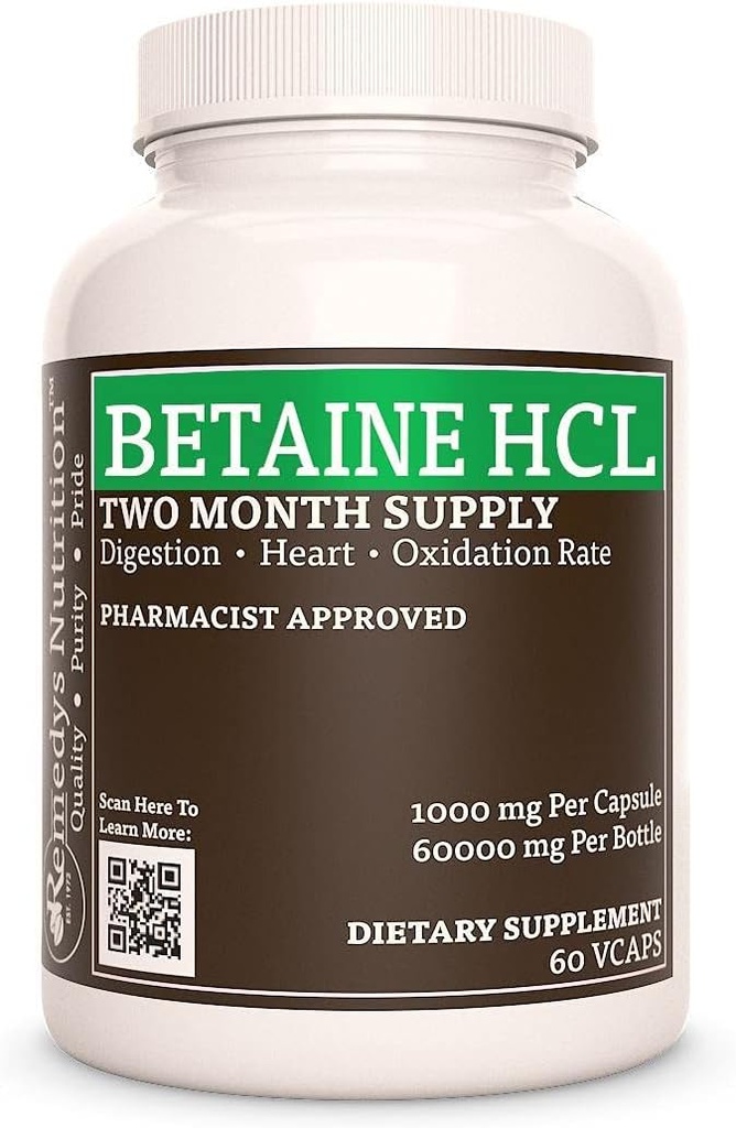 Remèdes Nutrition Bétaine HCL (Hydrochlorure) $ 1 000 mg, 60 Capsules Complément alimentaire $ 2 mois d'approvisionnement $ Contient également du carbonate de calcium, Papaine et Bromelain