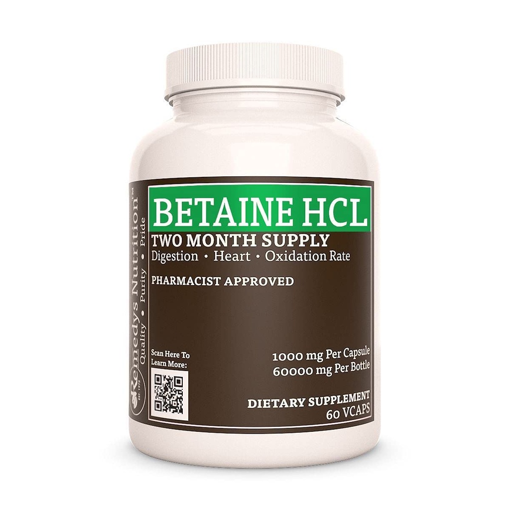 Remèdes Nutrition Bétaine HCL (Hydrochlorure) $ 1 000 mg, 60 Capsules Complément alimentaire $ 2 mois d'approvisionnement $ Contient également du carbonate de calcium, Papaine et Bromelain