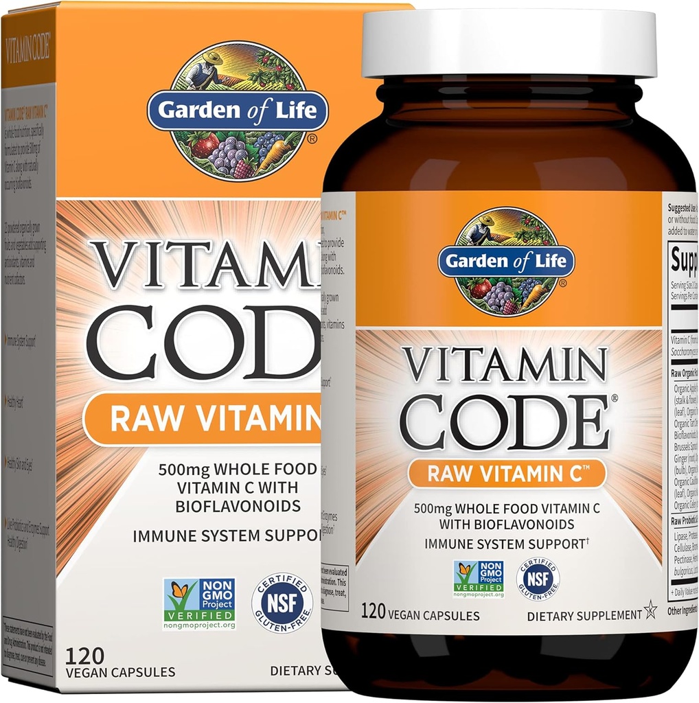 Jardin de la vie Vitamine Code Raw Vitamine C - 120 Capsules, 500mg Ensemble des aliments Vitamine C Capsules + Fruits et légumes Mélange et probiotiques, Suppléments pour adultes, végétalien, sans gluten