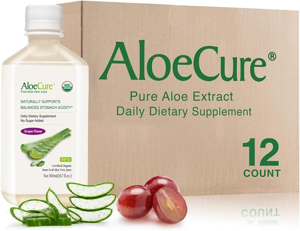 AloeCure USDA Bio Aloe Vera Saveur de raisin de jus, faite dans les 12 heures de la récolte - pur Aloe Vera supplément de santé digestif et immunitaire, aide à maintenir l'acidité équilibrée de l'estomac, 16.7oz x 12 Btls