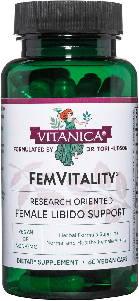 Vitanica FemVitalité Libido Supplément pour les femmes, naturel femme Libido Booster pour les femmes, augmente la conduite intime, le désir et l'endurance, aide la sécheresse vaginale, Vegan 60 Capsules