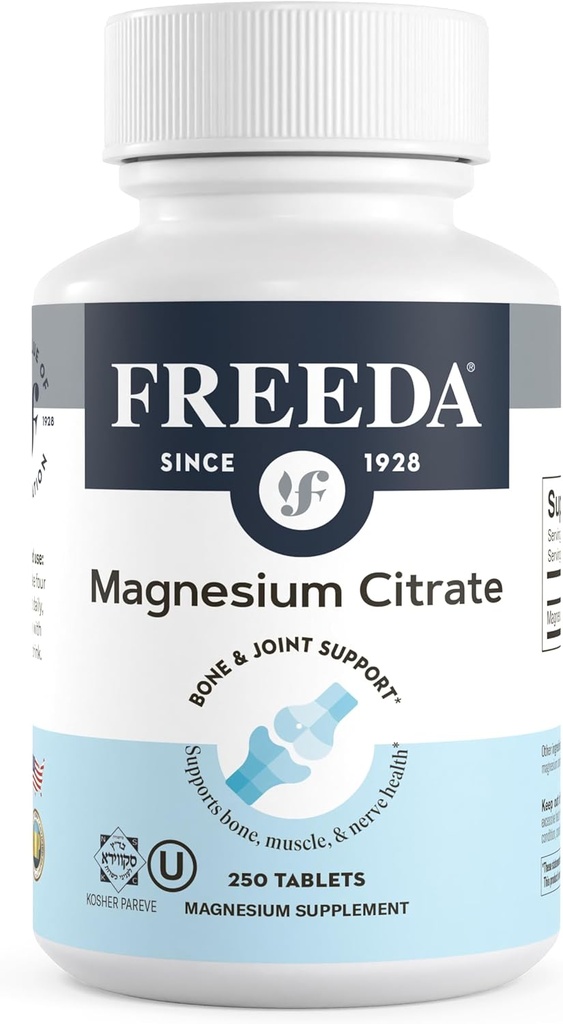 Citrate de magnésium Freeda 400mg par portion - Comprimés de citrate de magnésium à haute absorption - Minéraux essentiels pour la santé des nerfs et des os - Supplément de magnésium sans gluten (250 Ct)