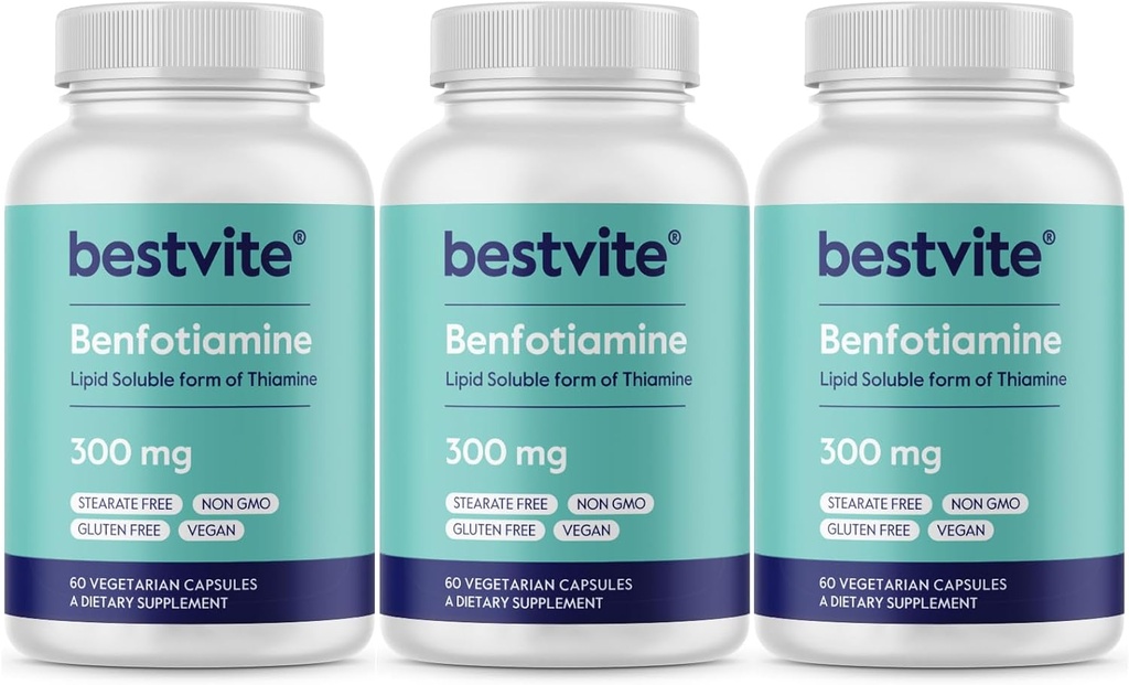 Benfotiamine 300mg (180 Vegetarian Capsules) (60x3) No Stearates - No Silicon Dioxide - Vegan - Non GMO - Gluten Free