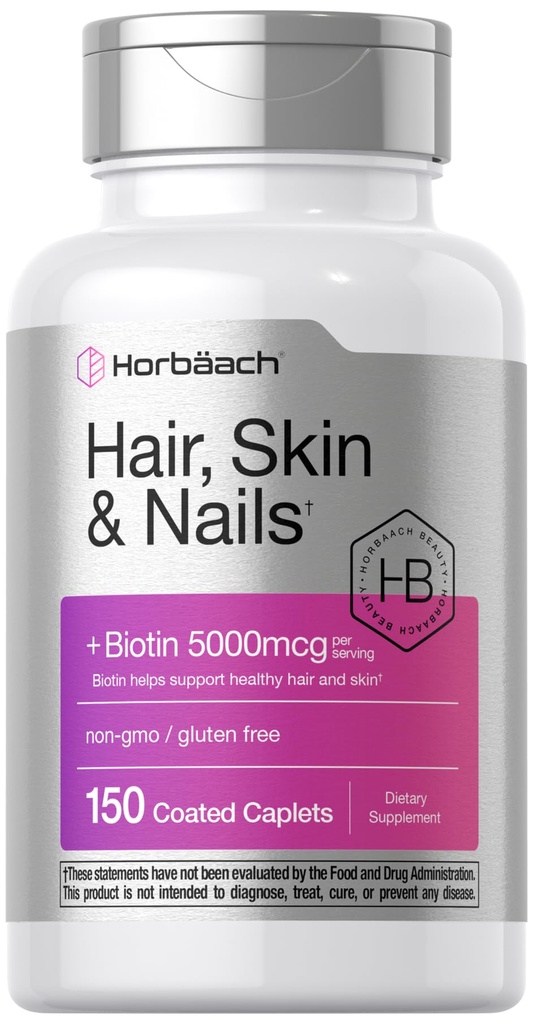 Horbäach Peau et ongles Vitamines 150 Caplets avec biotine et collagène Supplément pour les femmes et les hommes