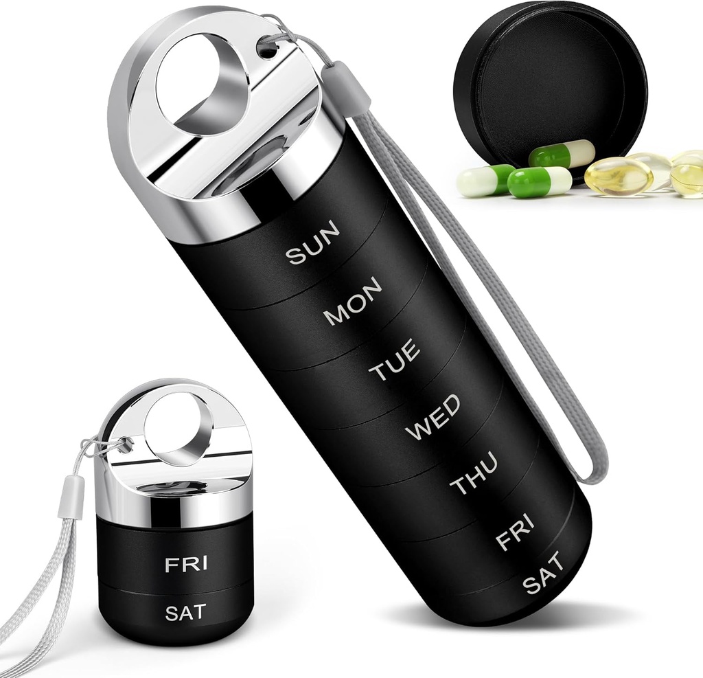 TaroKitc Metal Weekly Pill Organizer, boîte à pilules en alliage d'aluminium élégant, étui quotidien à pilules étanche, porte-médicaments de 7 jours avec grand compartiment pour la vitamine, huile de poisson, supplément(noir)