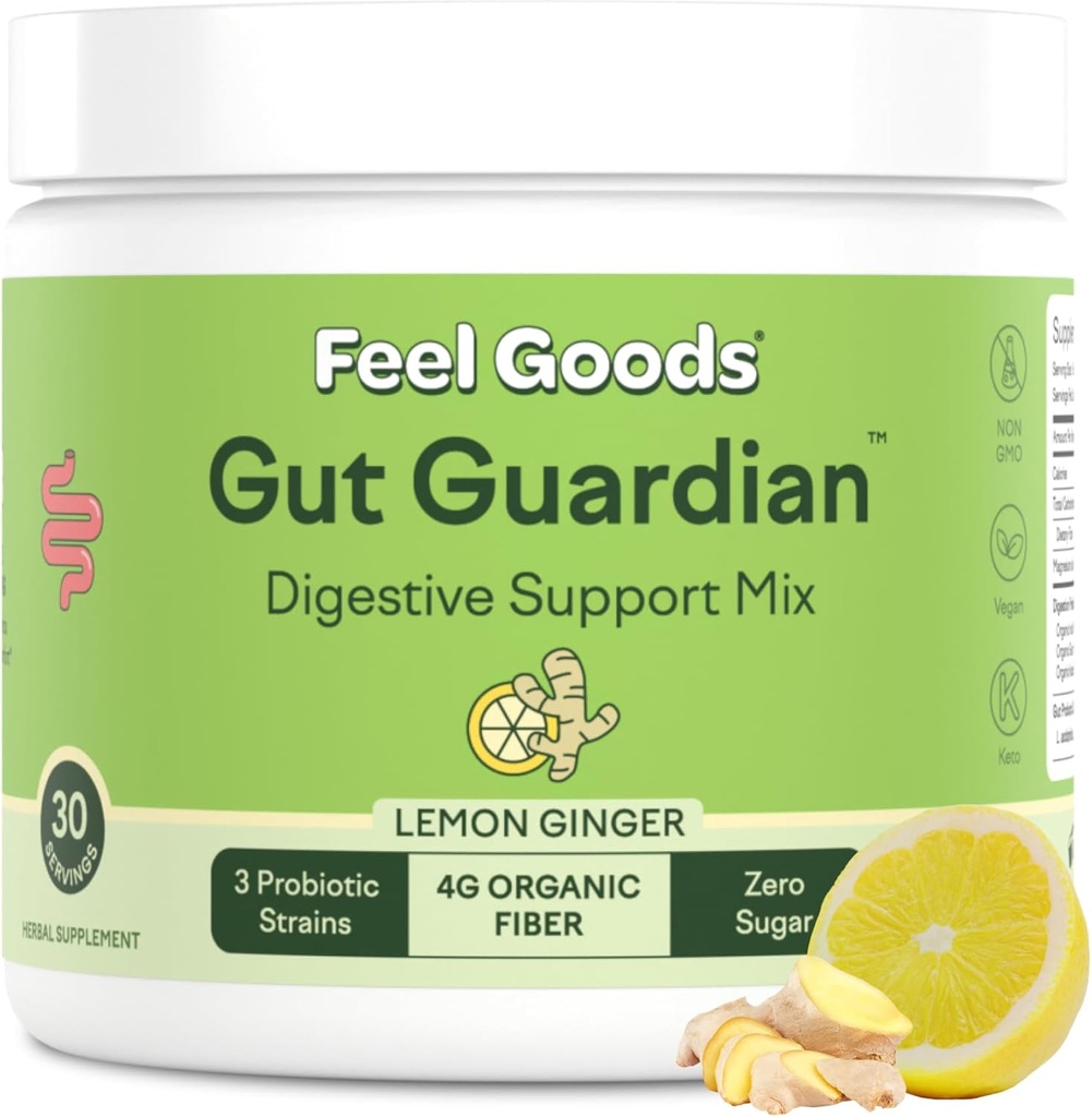 Feel Goods Gut Guardian, Fibre biologique, Poudre probiotique et prébiotique, Sans sucre, Herbes pour Bloat, Gut Health Support, Digestion santé pour les hommes et les femmes, Non OGM, Vegan, Lemon Ginger, 30 portions