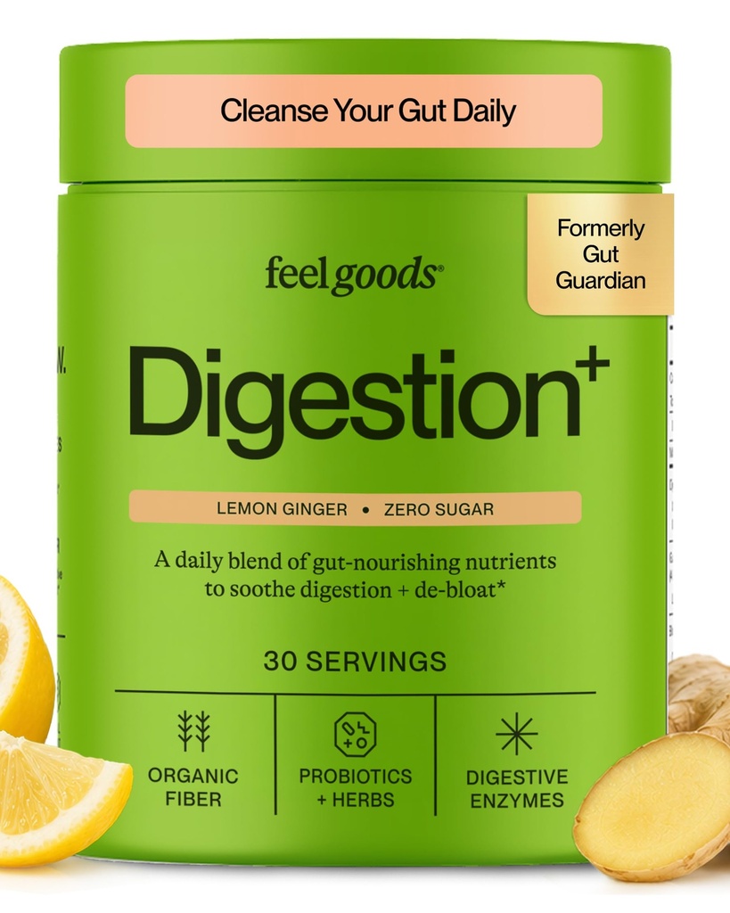 Feel Goods Gut Guardian, Fibre biologique, Poudre probiotique et prébiotique, Sans sucre, Herbes pour Bloat, Gut Health Support, Digestion santé pour les hommes et les femmes, Non OGM, Vegan, Lemon Ginger, 30 portions