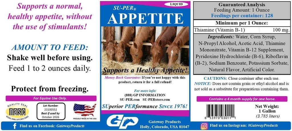 SUP-PER Supplément d'appétit pour chevaux - Supplément d'alimentation liquide d'un booster d'appétit équine - Soutien de la vitamine pour l'appétit sain - 1 Gallon, 4 mois