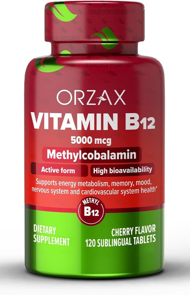 ORZAX Vitamin B12 5000 mcg Methylcobalamin for Memory, Mood, Blood Cell Function, Cardiovascular and Energy Supplement - Cherry Flavored - Vegan & Non-GMO - 120 Sublingual Tablets - 120 Day Supply