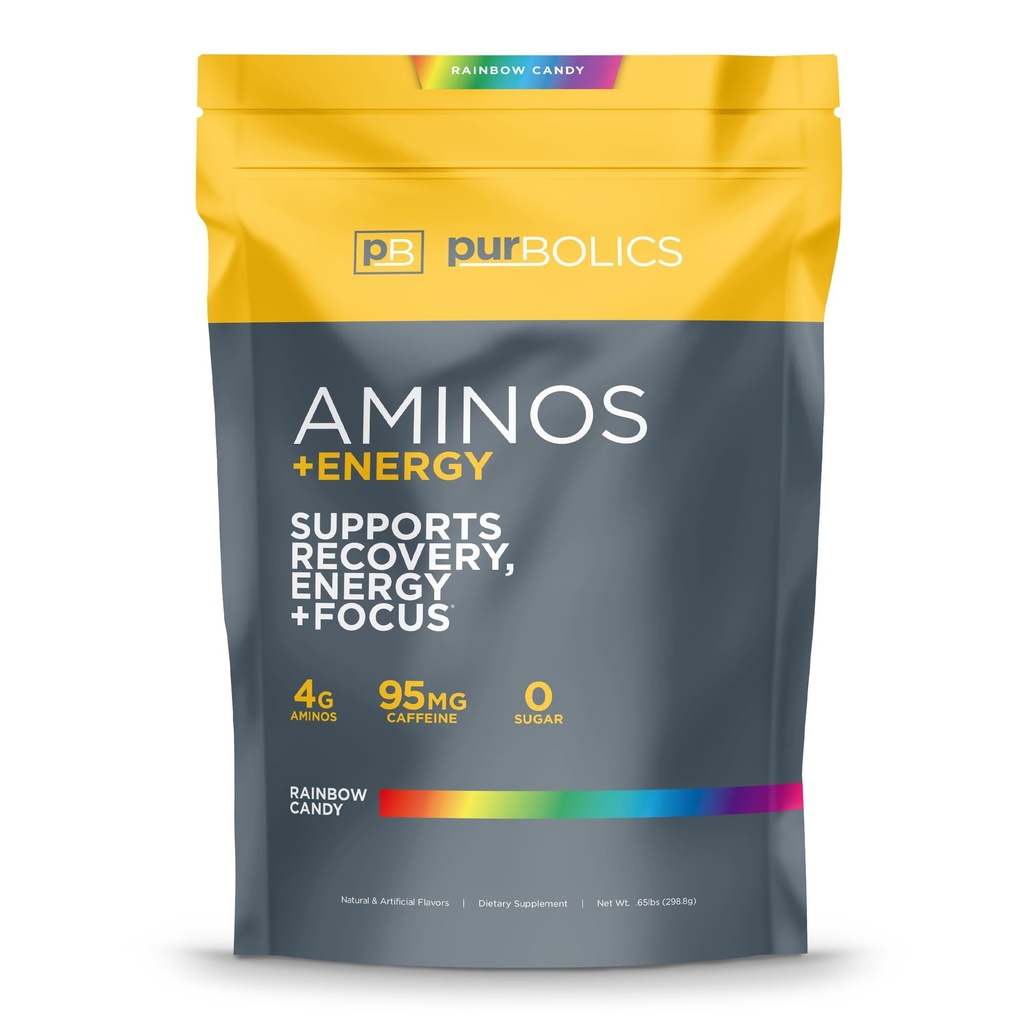 Purbolics Aminos + Énergie , soutient la récupération, l'énergie et le focus , 95mg de caféine, 0 sucre et 60 portions (Rainbow Candy)